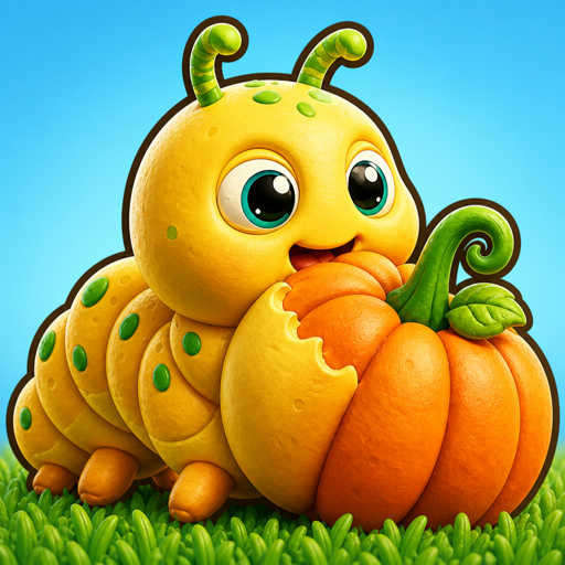 Chomp 'N Sort app icon — yellow caterpillar chomping a pumpkin